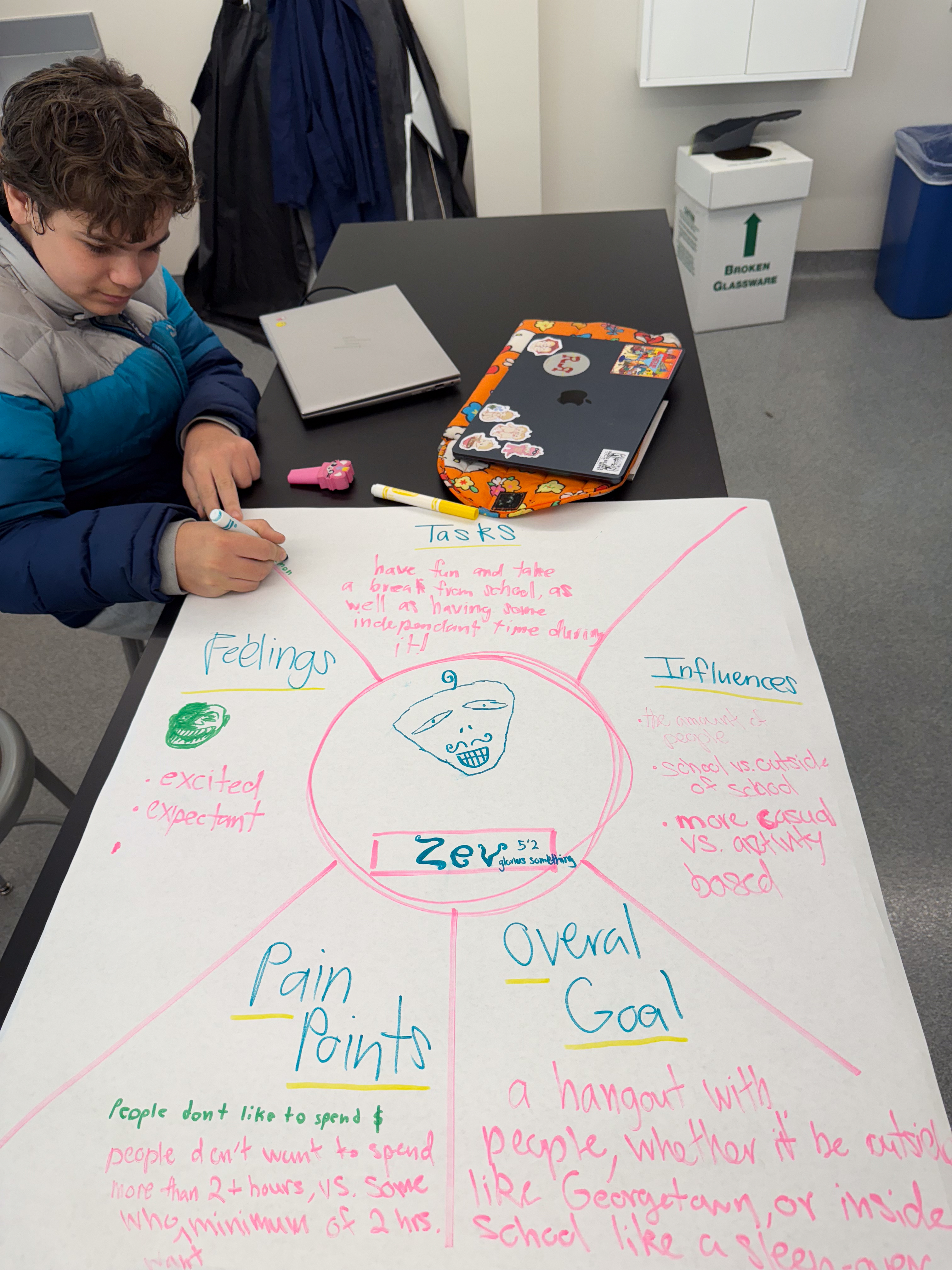 Student writing on poster